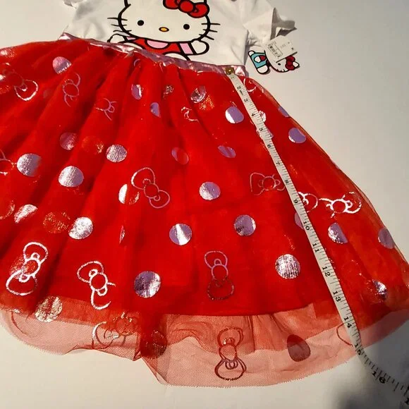 Hello Kitty Hooded Dress XS Red Tulle Skirt White Top Short Sleeves Kids Outfit - Picture 6 of 8